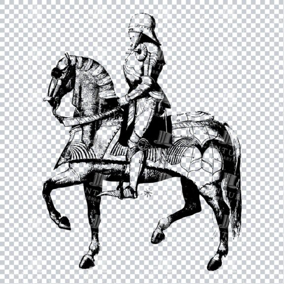 Old Line Art Illustration of a Knight Riding a Horse No.1