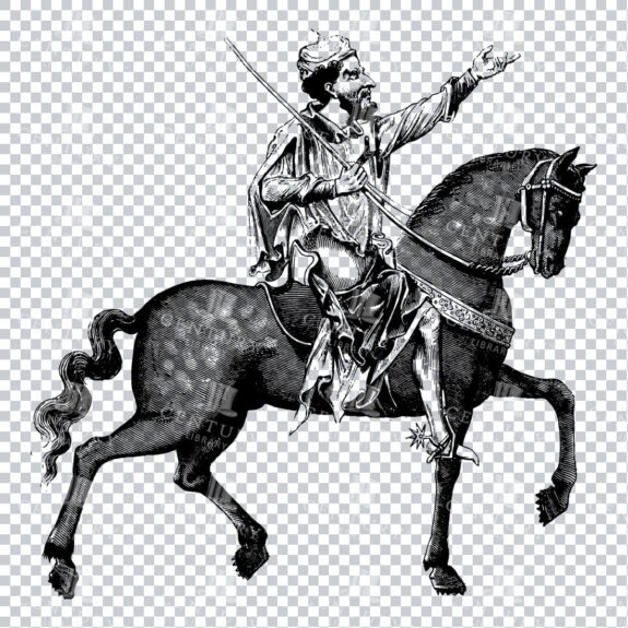 Old Line Art Illustration of a Knight Riding a Horse No.2