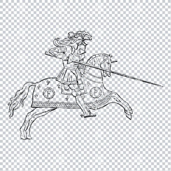 Old Line Art Illustration of a Knight Riding a Horse No.3