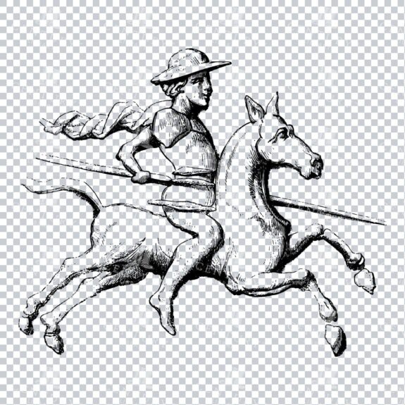Old Line Art Illustration of a Knight Riding a Horse No.4