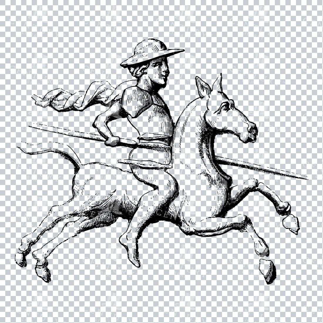 Old Line Art Illustration of a Knight Riding a Horse No.4