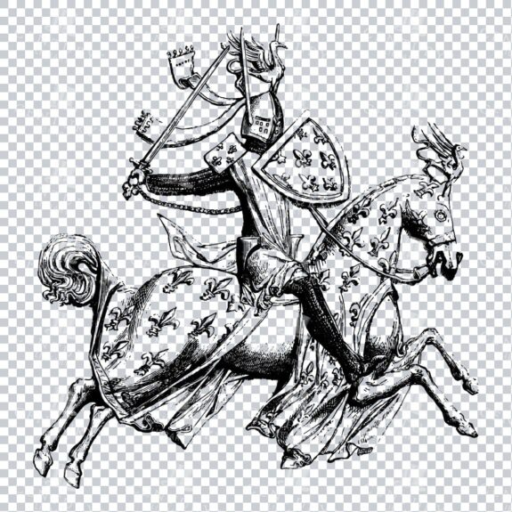 Old Line Art Illustration of a Knight Riding a Horse No.5