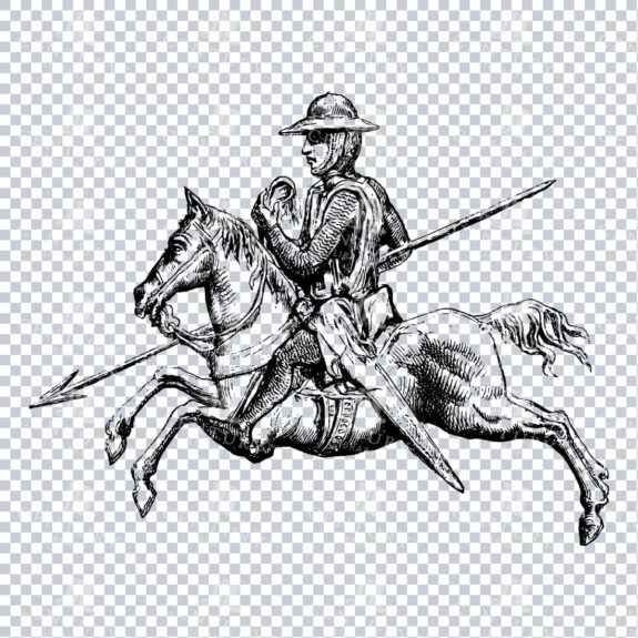 Old Line Art Illustration of a Knight Riding a Horse No.6