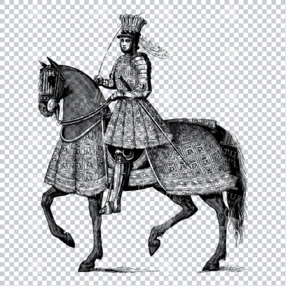 Old Line Art Illustration of a Knight Riding a Horse No.7