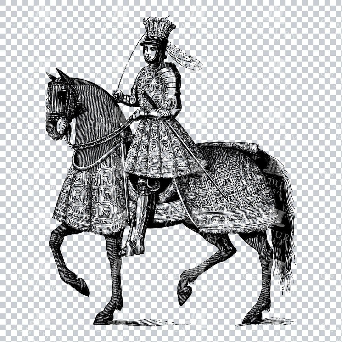Old Line Art Illustration of a Knight Riding a Horse No.7
