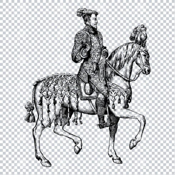 Old Line Art Illustration of a Knight Riding a Horse No.8