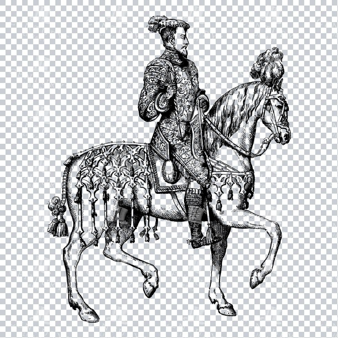 Old Line Art Illustration of a Knight Riding a Horse No.8