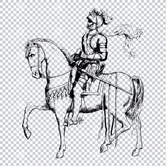 Old Line Art Illustration of a Knight Riding a Horse No.9
