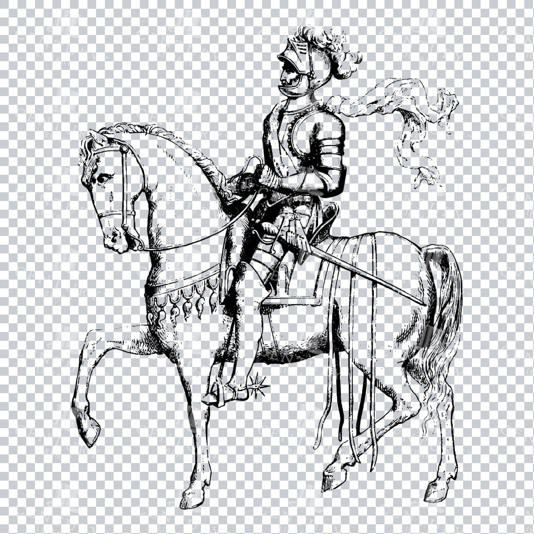 Old Line Art Illustration of a Knight Riding a Horse No.9