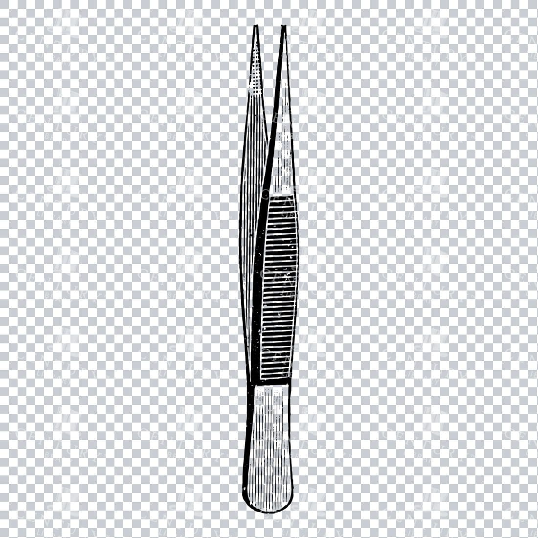 Antique Black and White Line Art Illustration of Tweezers No.2