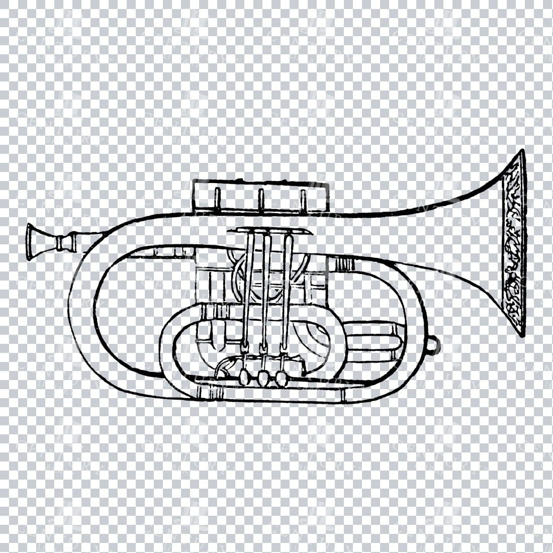 Vintage Line Art Illustration of a Trumpet No.1