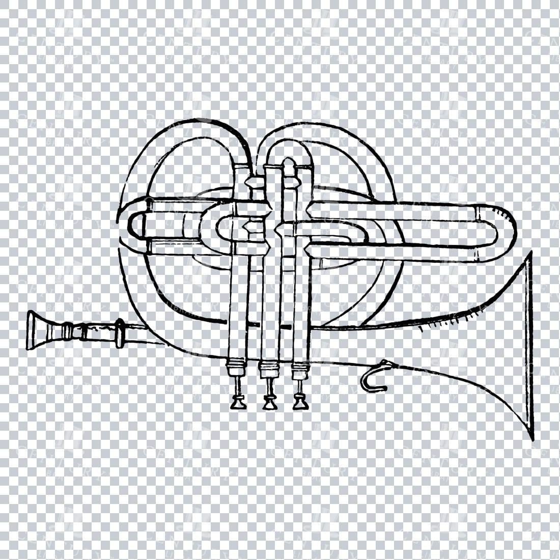 Vintage Line Art Illustration of a Trumpet No.2