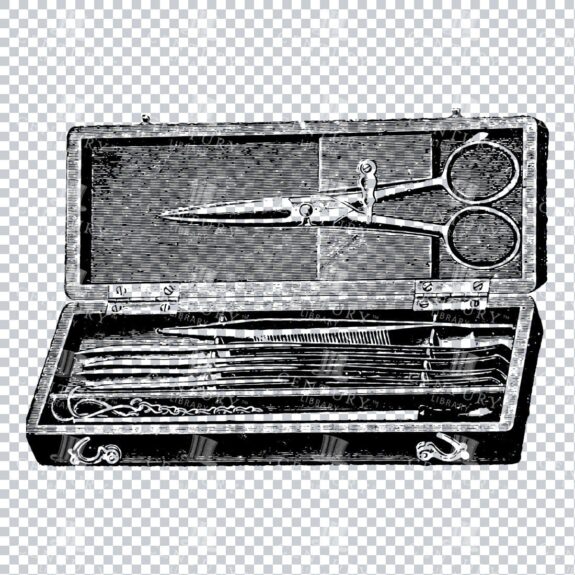 Old Engraving of a Utility Case with Scrissors and Tweezers