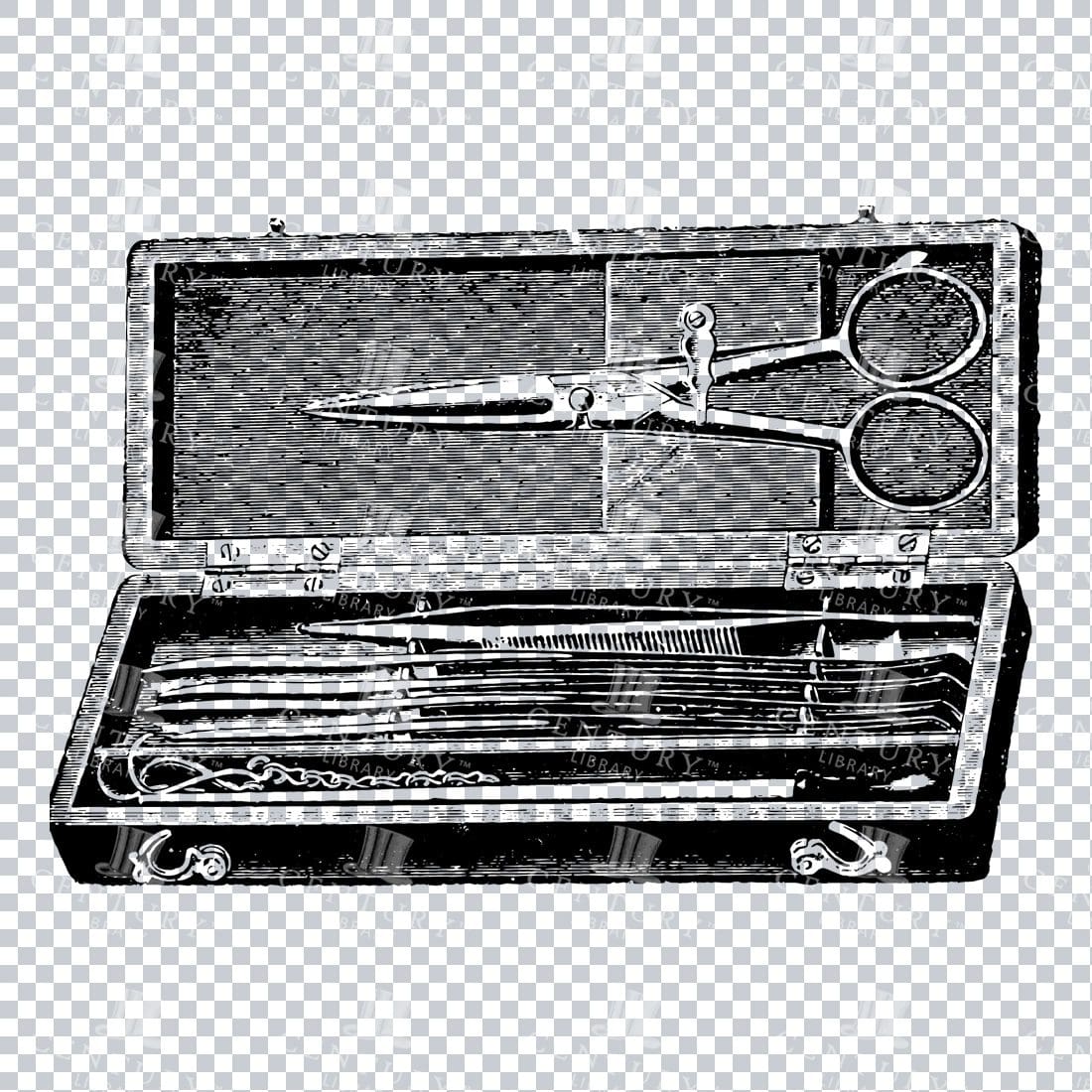 Old Engraving of a Utility Case with Scrissors and Tweezers