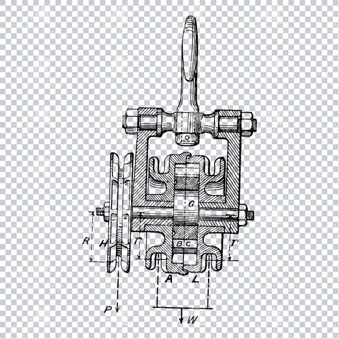 Vintage Line Art Mechanical Blueprint Illustration No.3