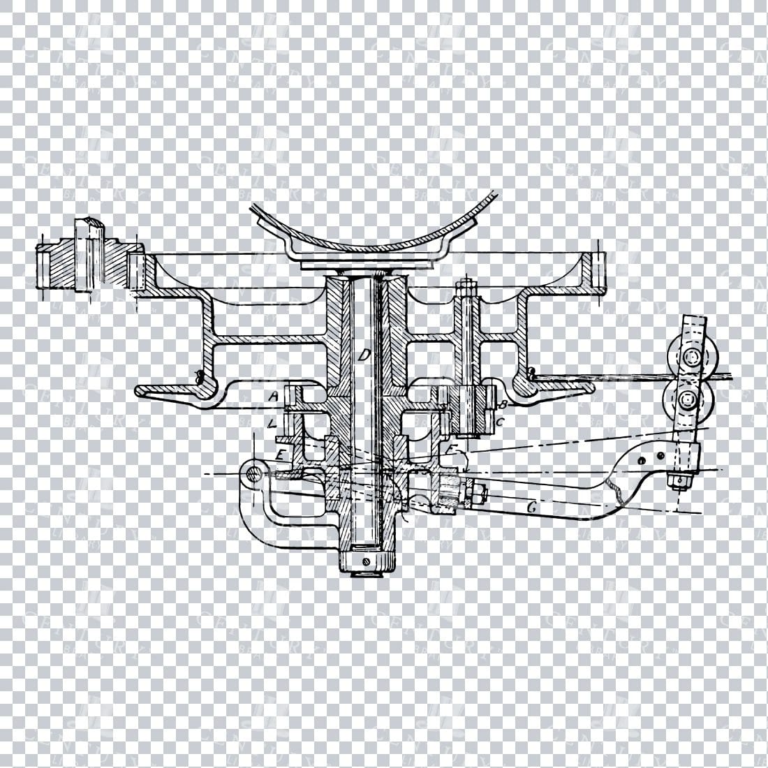 Vintage Line Art Mechanical Blueprint Illustration No.5