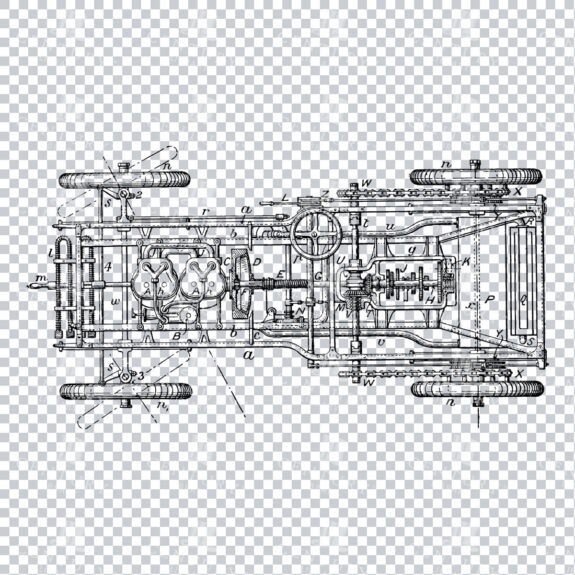 Vintage Line Art Mechanical Blueprint of a Car Illustration No.1