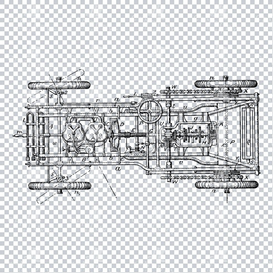 Vintage Line Art Mechanical Blueprint of a Car Illustration No.1