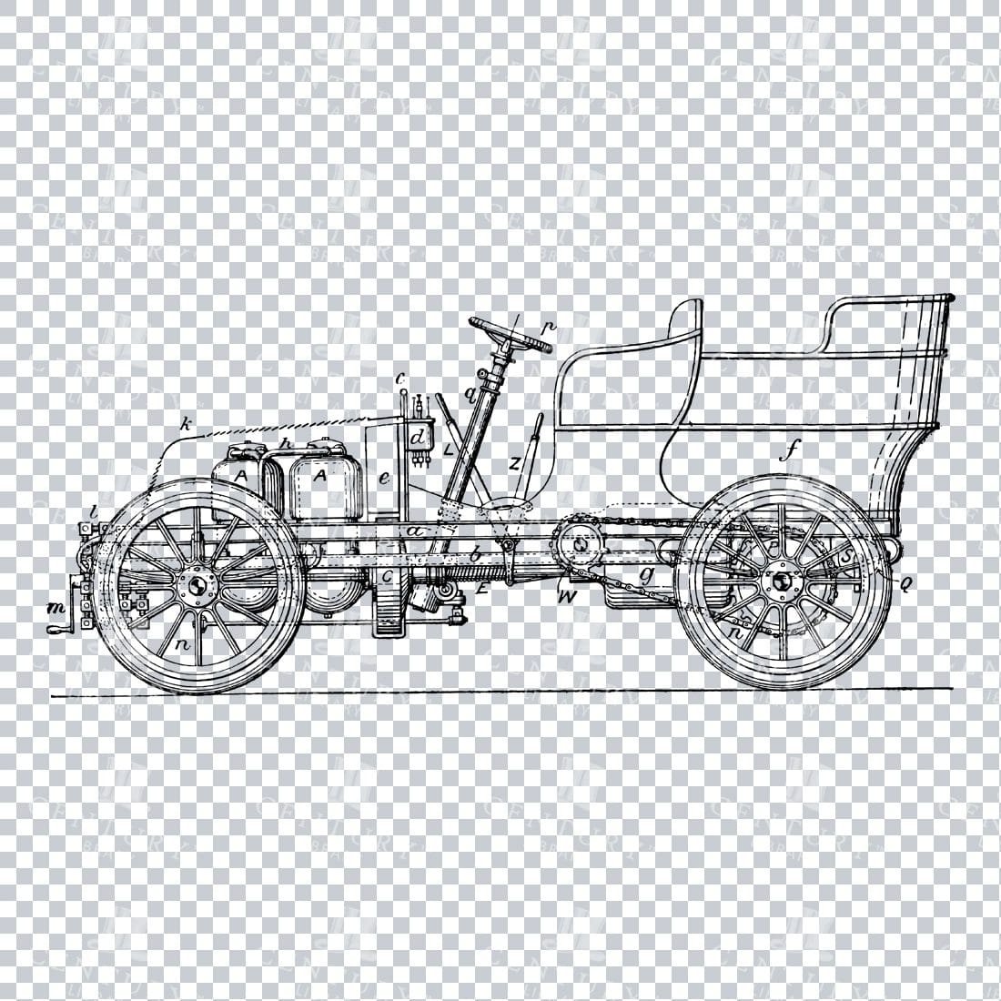 Vintage Line Art Mechanical Blueprint of a Car Illustration No.2