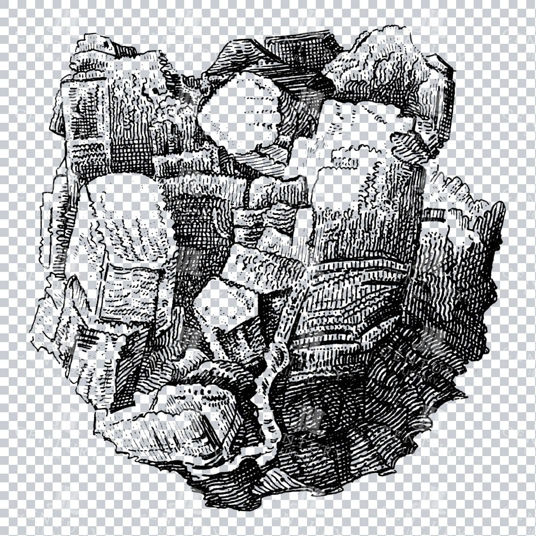 Antique Line Art Engraving Illustration - Mineralogy - Crystals - Precious Stones - No.17
