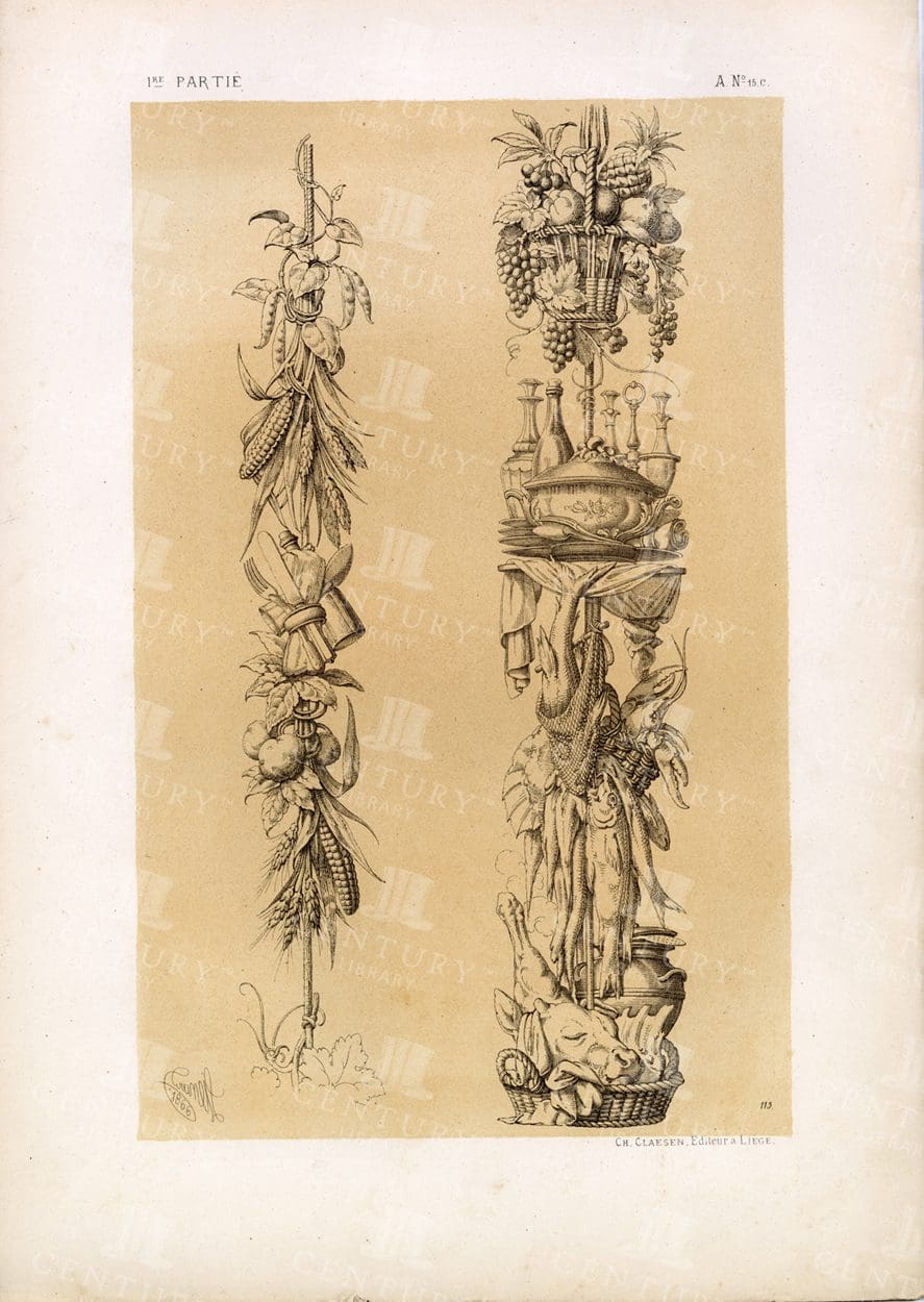 RARE 19th Century Decorative Arts Print - Trophies with Realistic Subjects