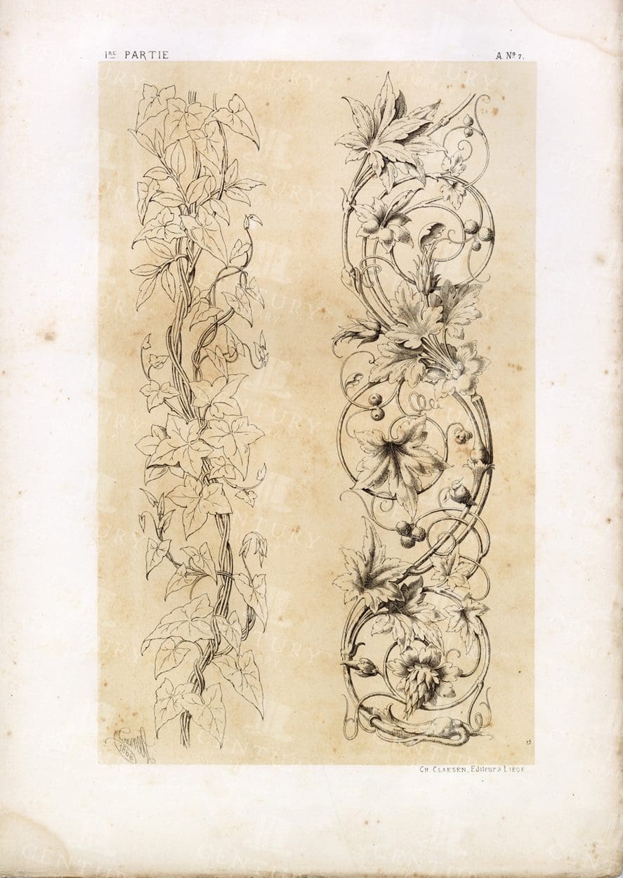 RARE Decorative Arts Print - Arabesques of Vines - Antique 1866