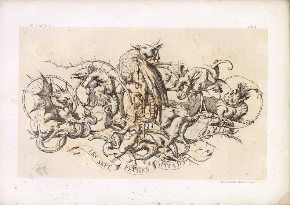 Grotesque Chimeras Entwined On A Thorny Branch With Scroll Reading Les Sept Péchés Capitaux - Central Owl-like Figure