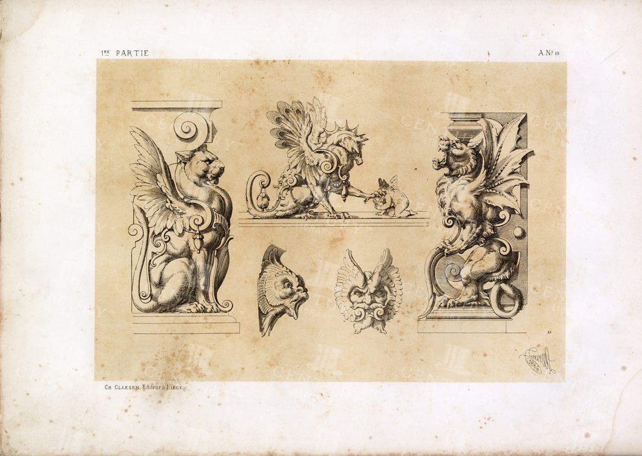 VINTAGE Decorative Print - Examples of Supports, Masks and Gargoyles