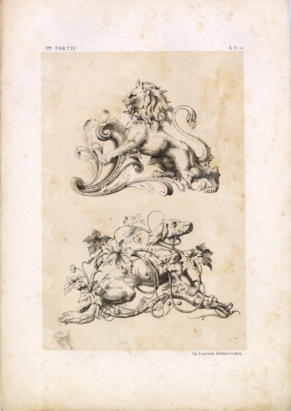 ANTIQUE Decorative Art Print - Heraldic Lion and Hunting Subject - 1866