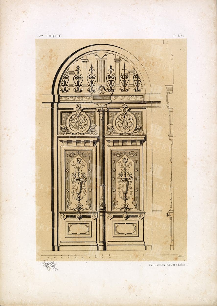 ANTIQUE 19th Century Print - Example of a Neo-Greek Style Door
