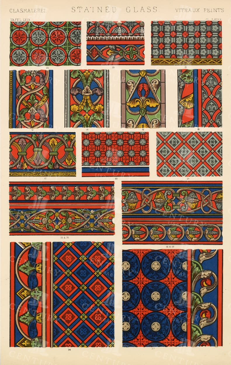 ANTIQUE 1865 Colored Print by Owen Jones - Stained Glass