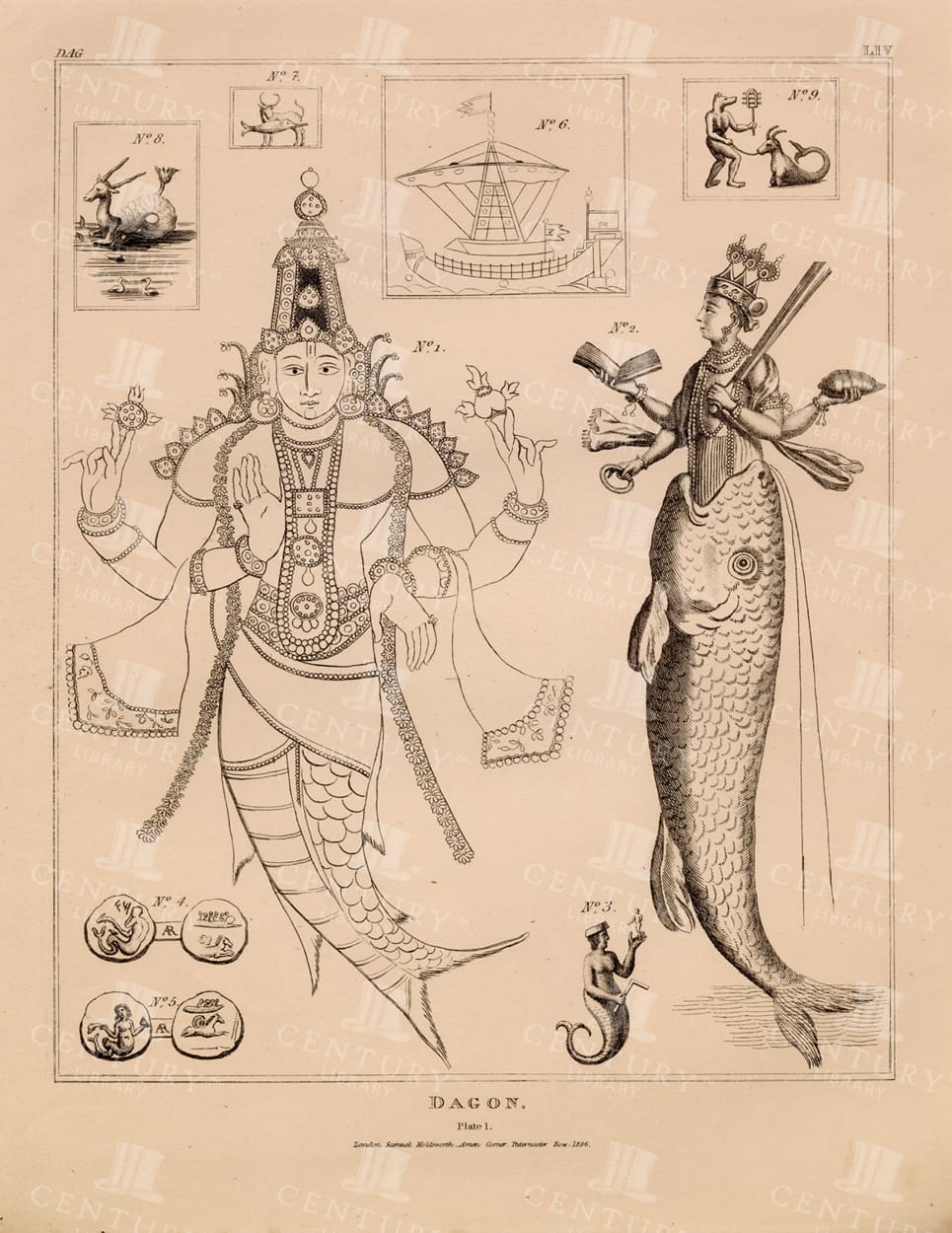 DAGON - Deity of the Ancient Philistines - 1836 Vintage Print