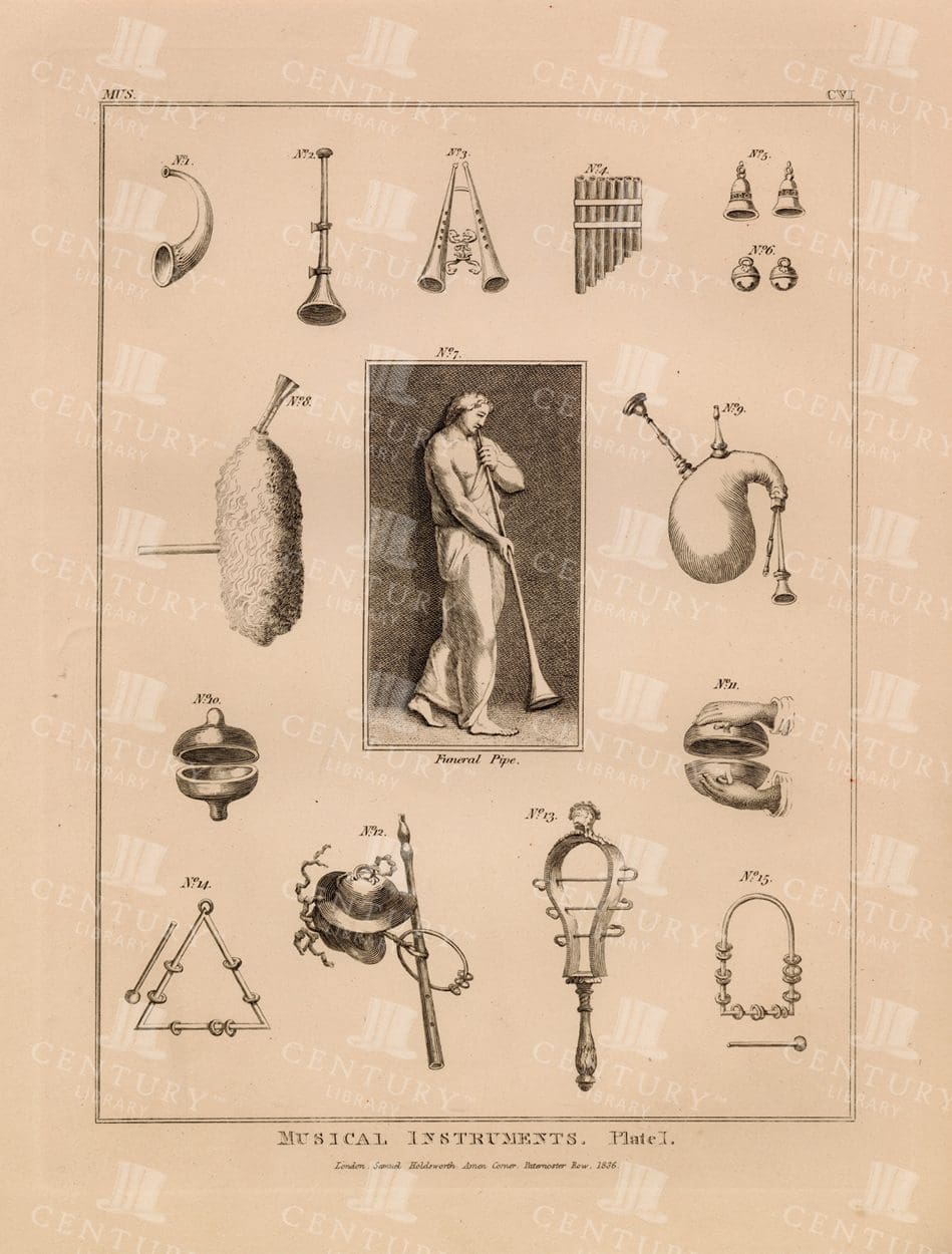 MUSICAL Instruments - plate 1 - Vintage Engraved Print 1836
