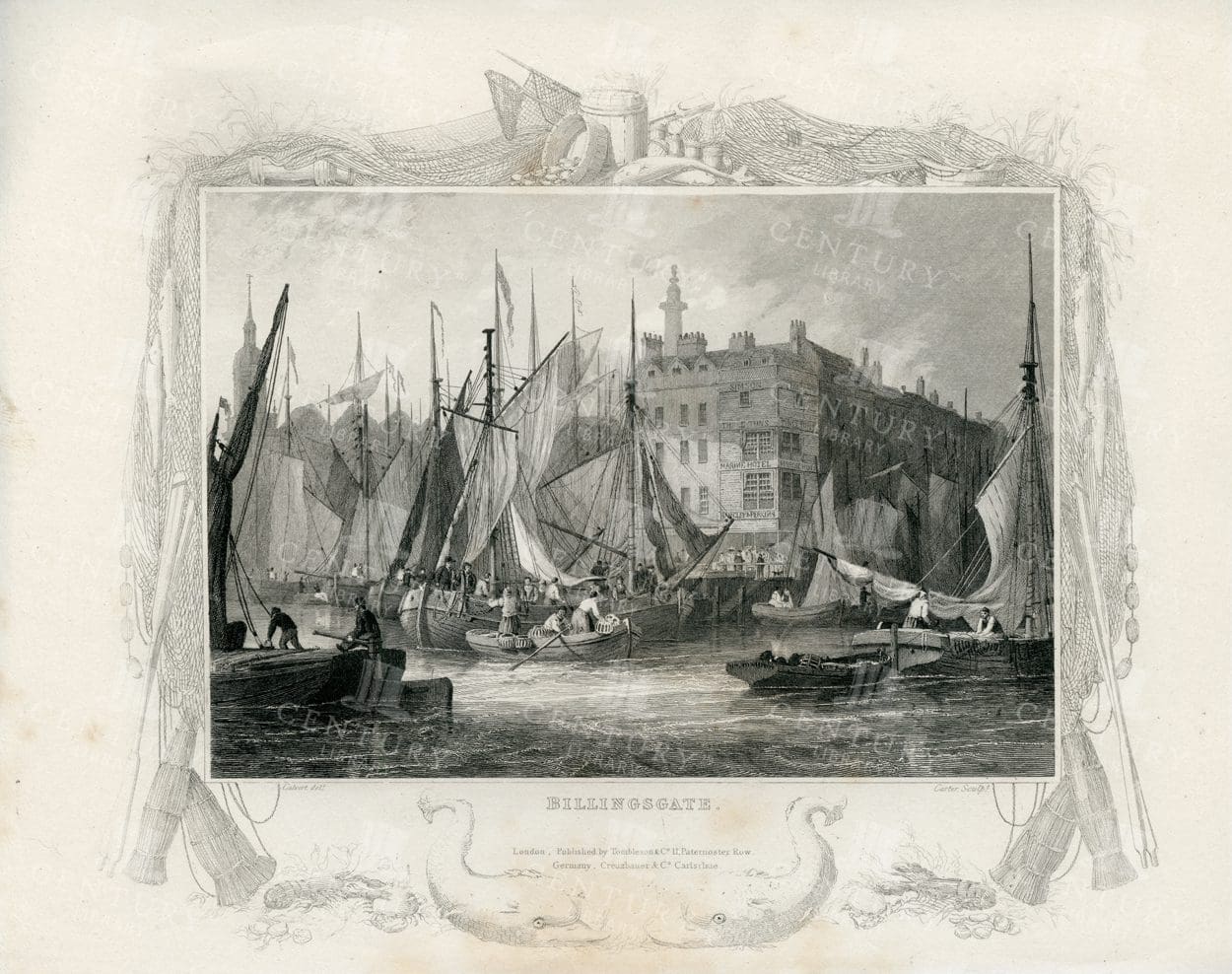 VINTAGE 1840 Engraved Illustration of Billingsgate London
