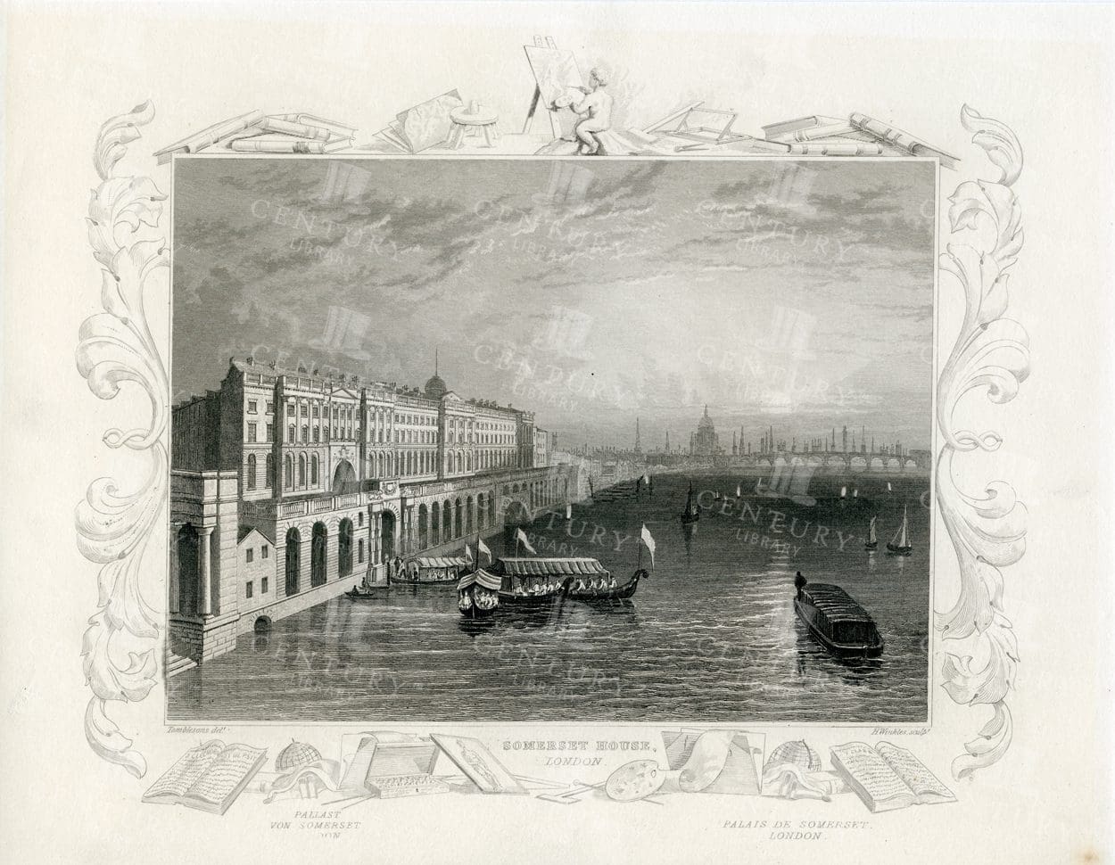 VINTAGE Decorative Engraving - Somerset House - Antique 1840 Illustration