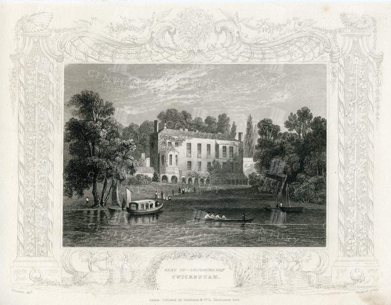 ANTIQUE Decorative Engraving - Seat of Drummond, Esq - Twickenham