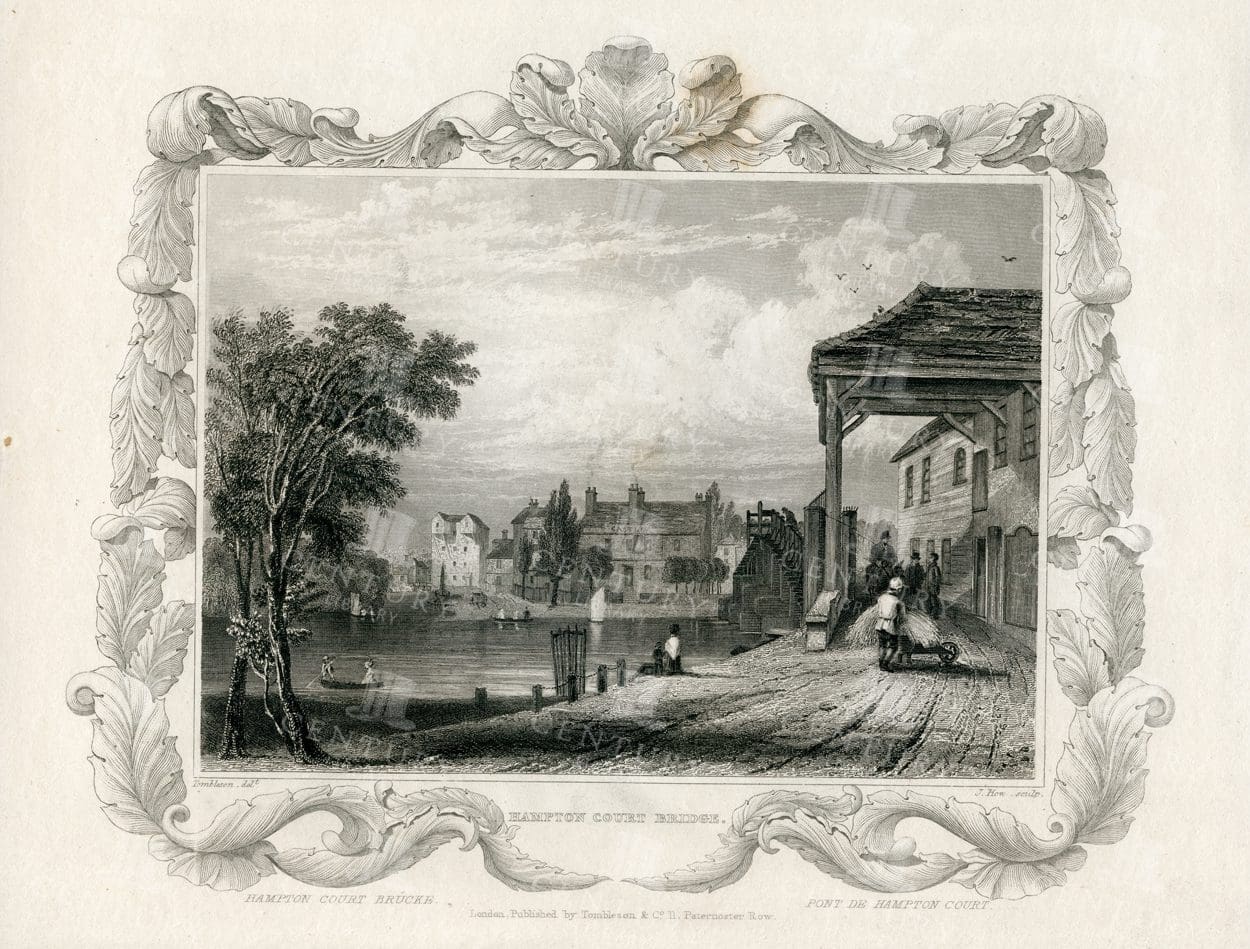 HAMPTON COURT BRIDGE - 1840 Vintage Engraved Illustration