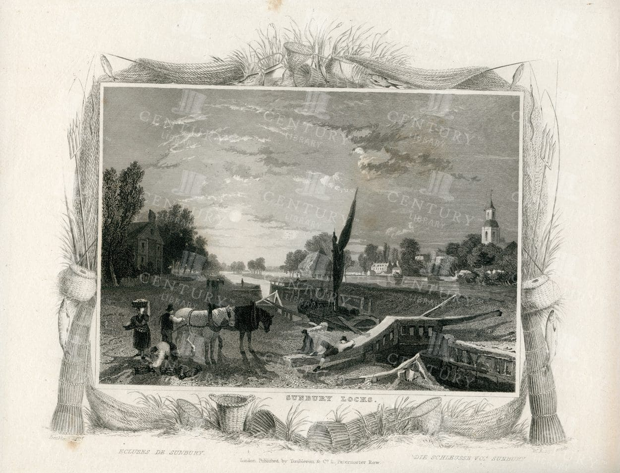 LOVELY Vintage Engraving of Sunbury Locks by William Tombleson