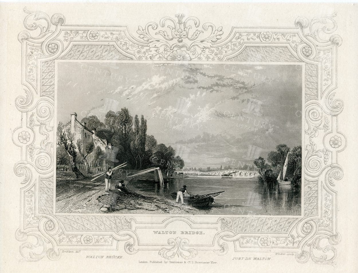 VINTAGE 1840 Engraving - Walton Bridge - Antique Illustration