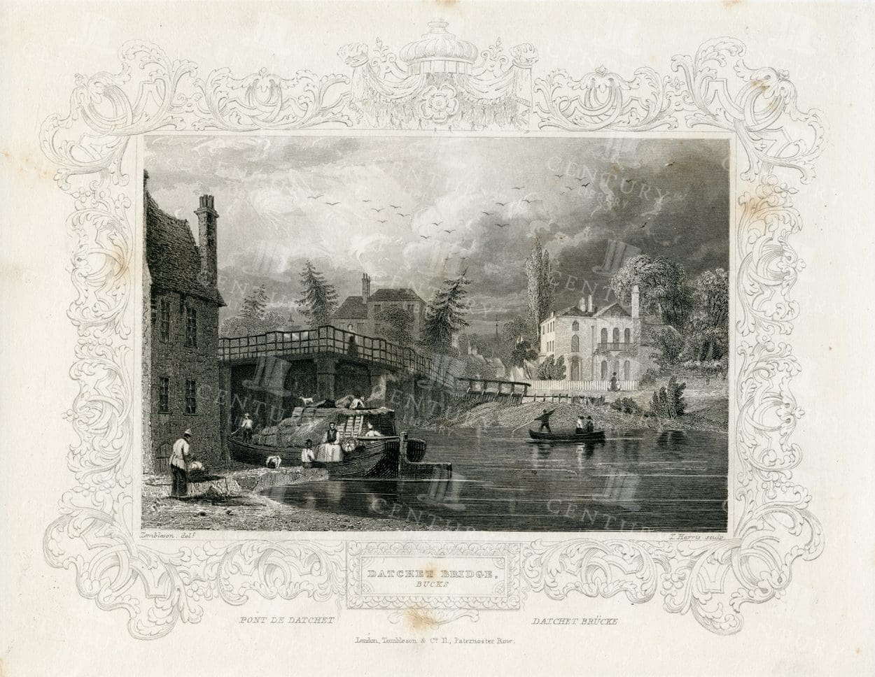DATCHET BRIDGE - Bucks - Vintage 1840 Engraved Illustration
