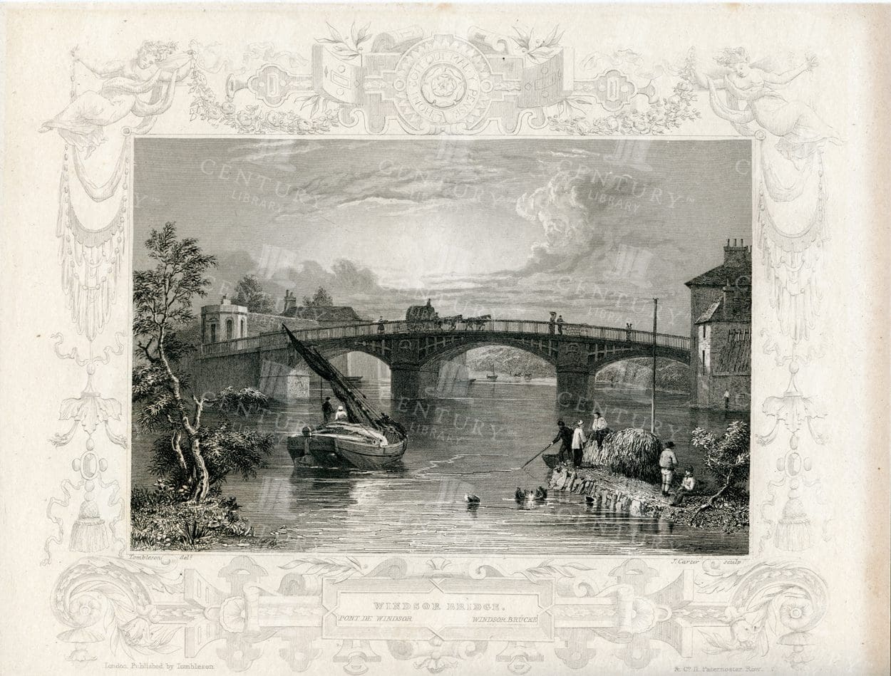 ANTIQUE Illustration 1840 - Windsor Bridge - Vintage Engraving
