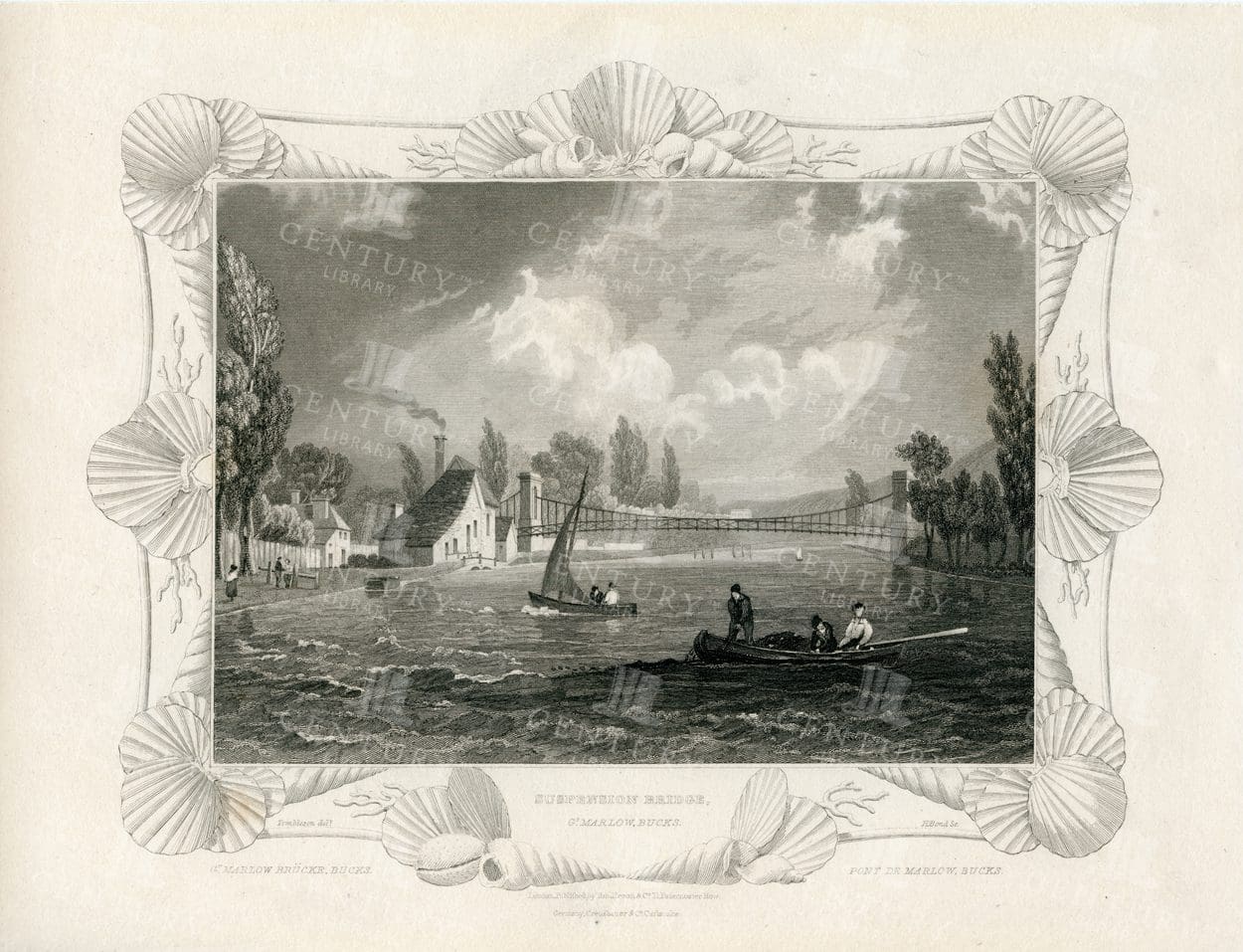 ANTIQUE 1840 Engraving - Suspension Bridge - Marlow, Berks