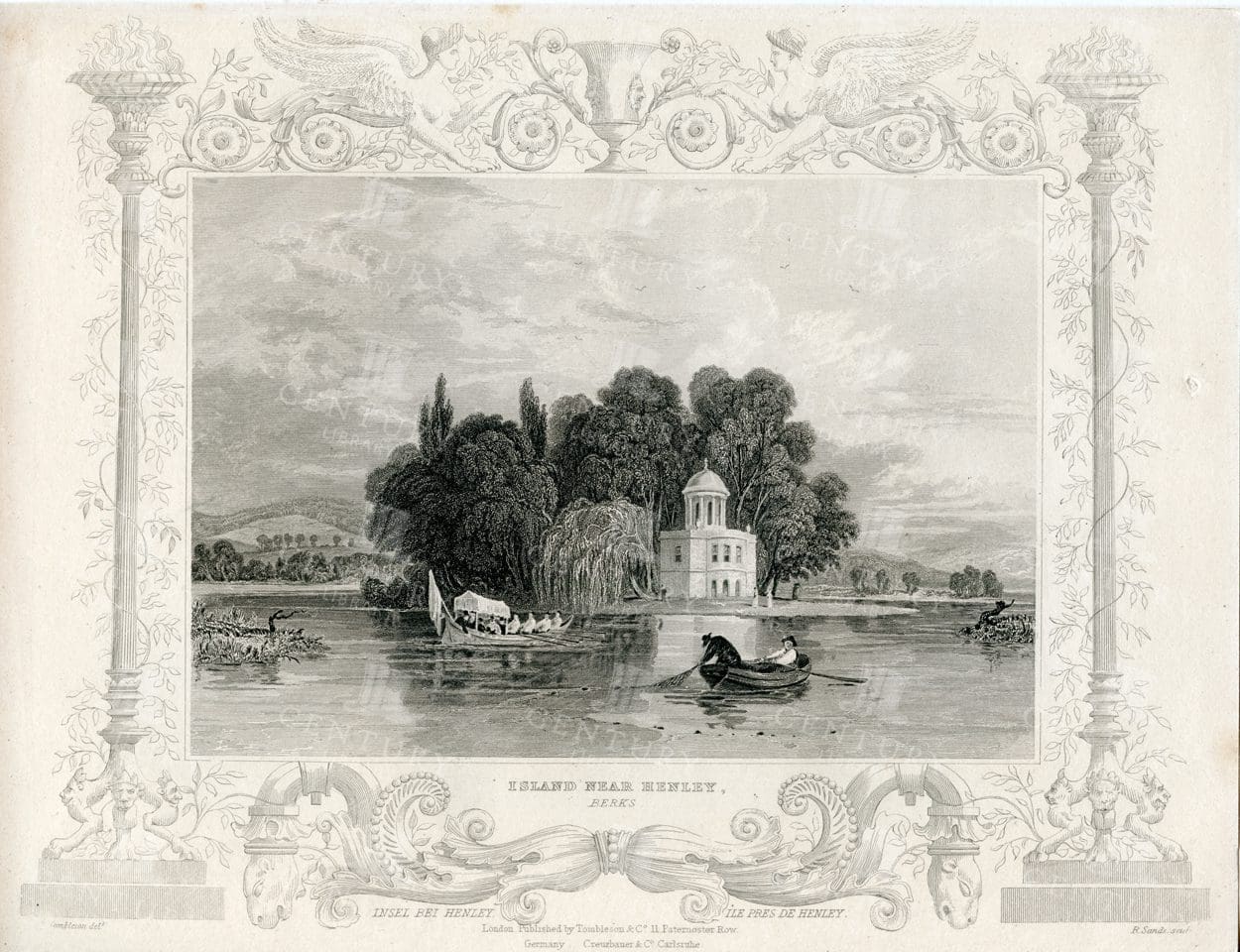VINTAGE 1840 Engraved Illustration - Island Near Henley - Berks