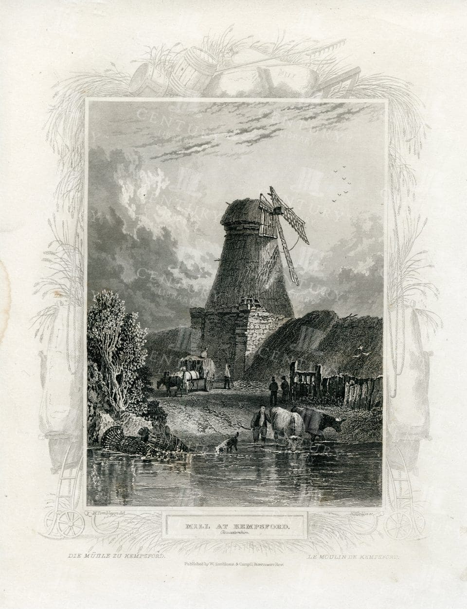 VINTAGE 1840 Engraved Illustration - Mill at Kempsford