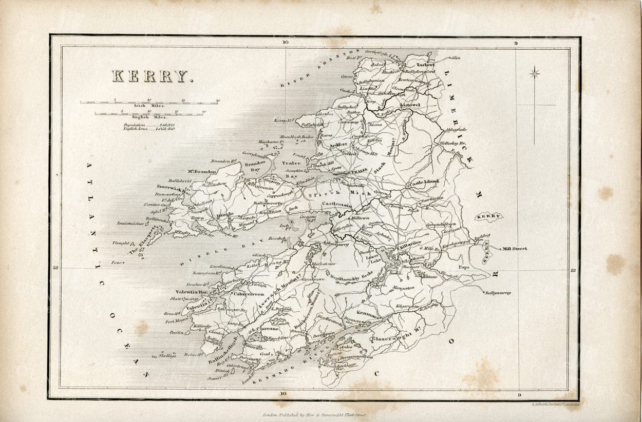 VINTAGE  Map of Kerry, Ireland - Antique 1843 Illustration