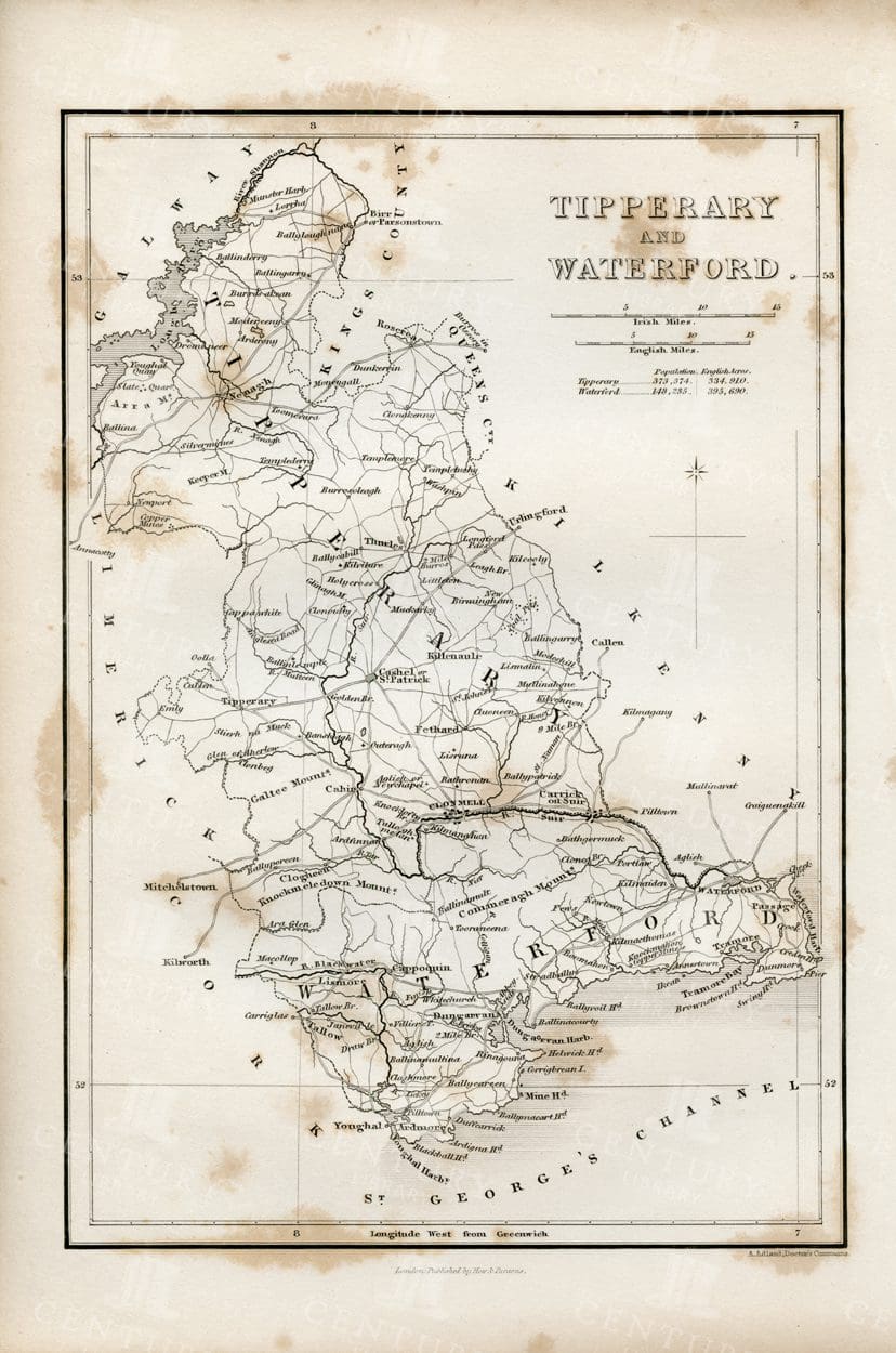 VINTAGE 1843 Map of Tipperary and Waterford - Antique Illustration