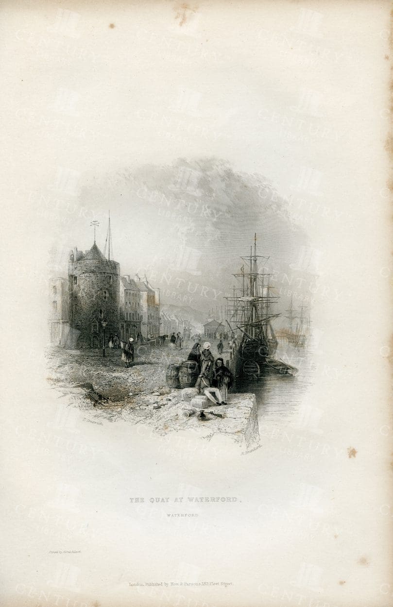 THE QUAY at Waterford, Ireland - Vintage 1843 Illustration