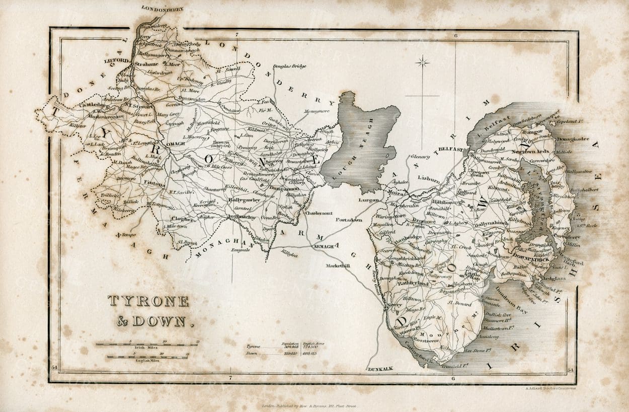 VINTAGE Map of Tyrone and Down in Ireland - Antique 1843 Illustration