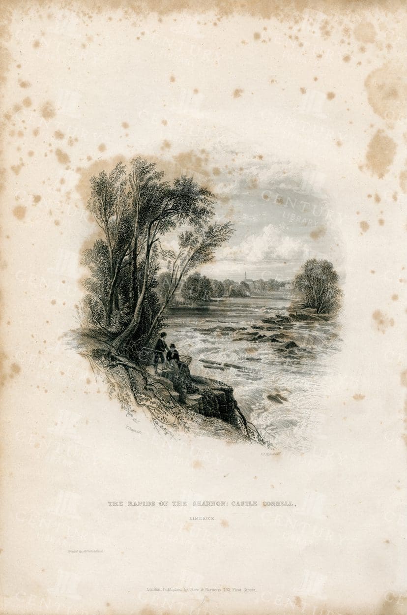 CASTLE CONNELL - The Rapids of the Shannon - Vintage 1843 Illustration