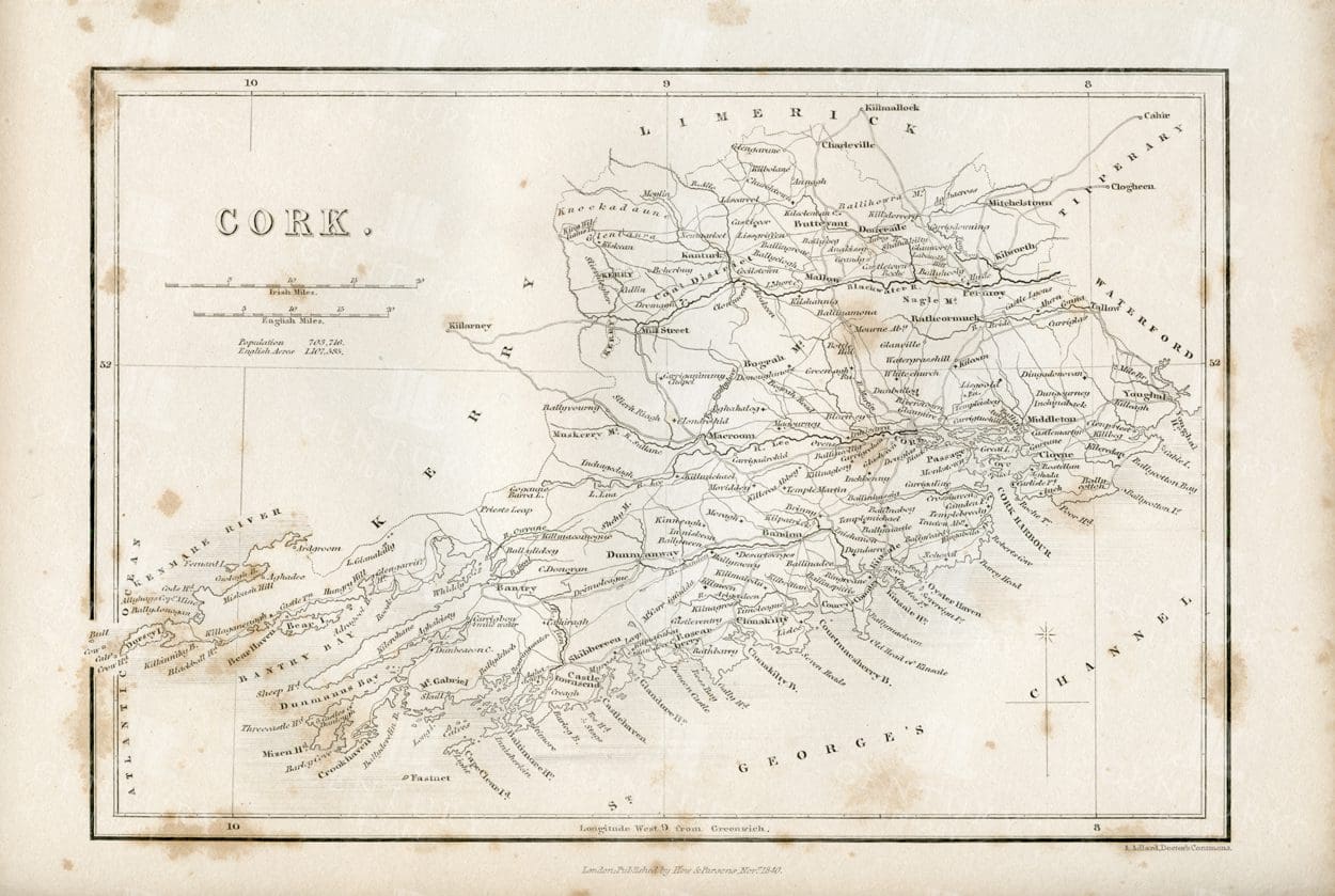 CORK - 1843 Vintage Map of Cork in Ireland